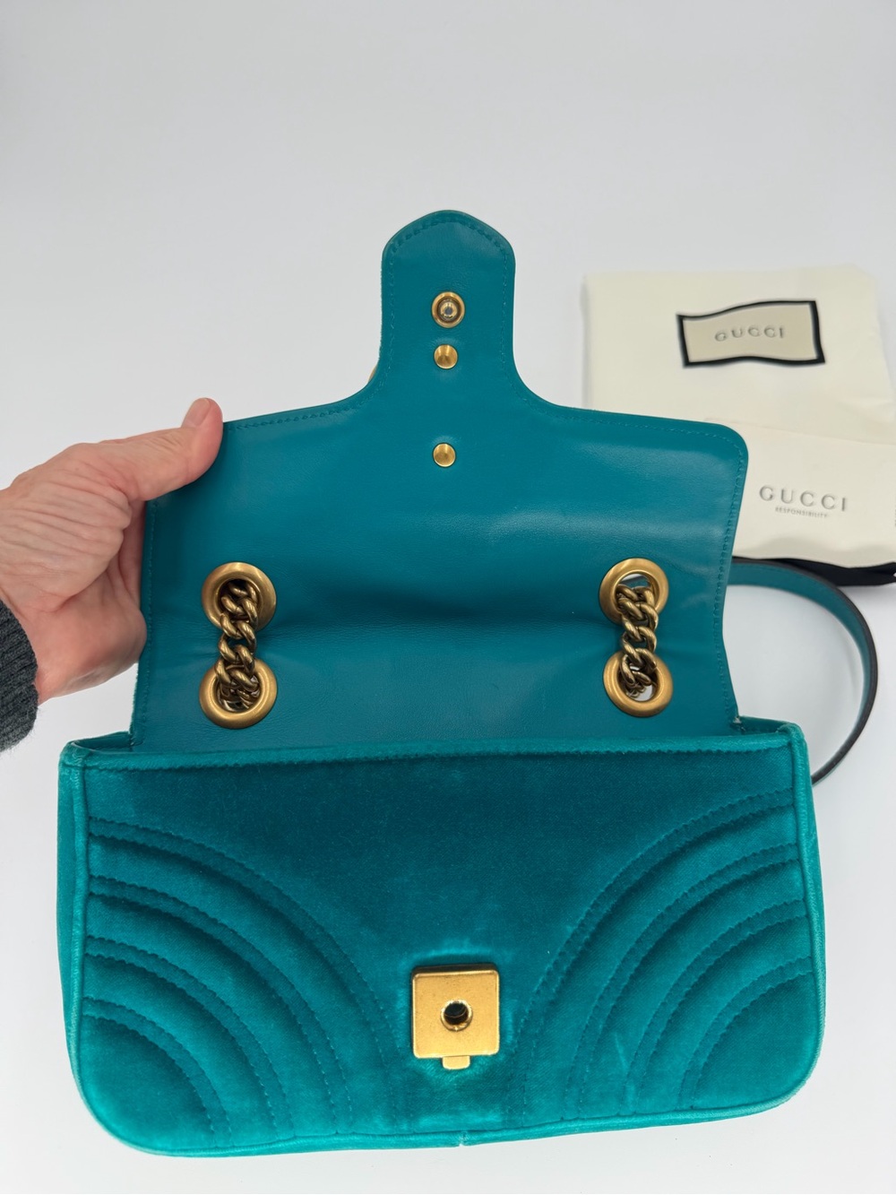 Gucci Teal Velvet GG Marmont Shoulder Bag with Gold Hardware Gorgeous!!! - Picture 11 of 14